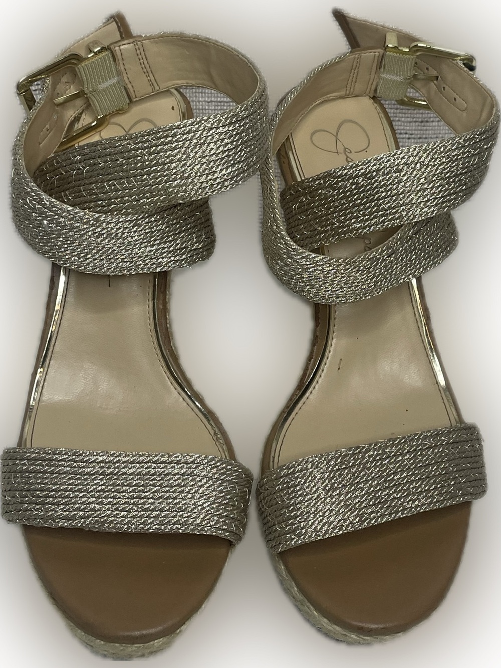 Jessica Simpson Gold Braided Wedge Sandals with Ankle Straps